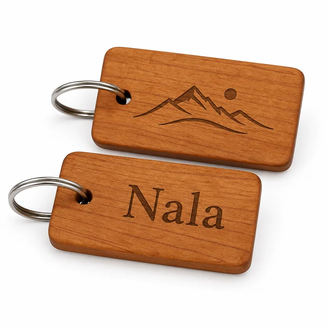 Dua gantungan kunci kayu Aria dengan ring logam, grafir pegunungan pada satu gantungan dan nama Nala pada gantungan lainnya