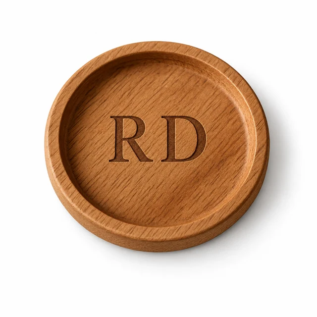 Tatakan kayu bulat Linea dengan grafir monogram R D dan bibir terangkat di atas latar putih